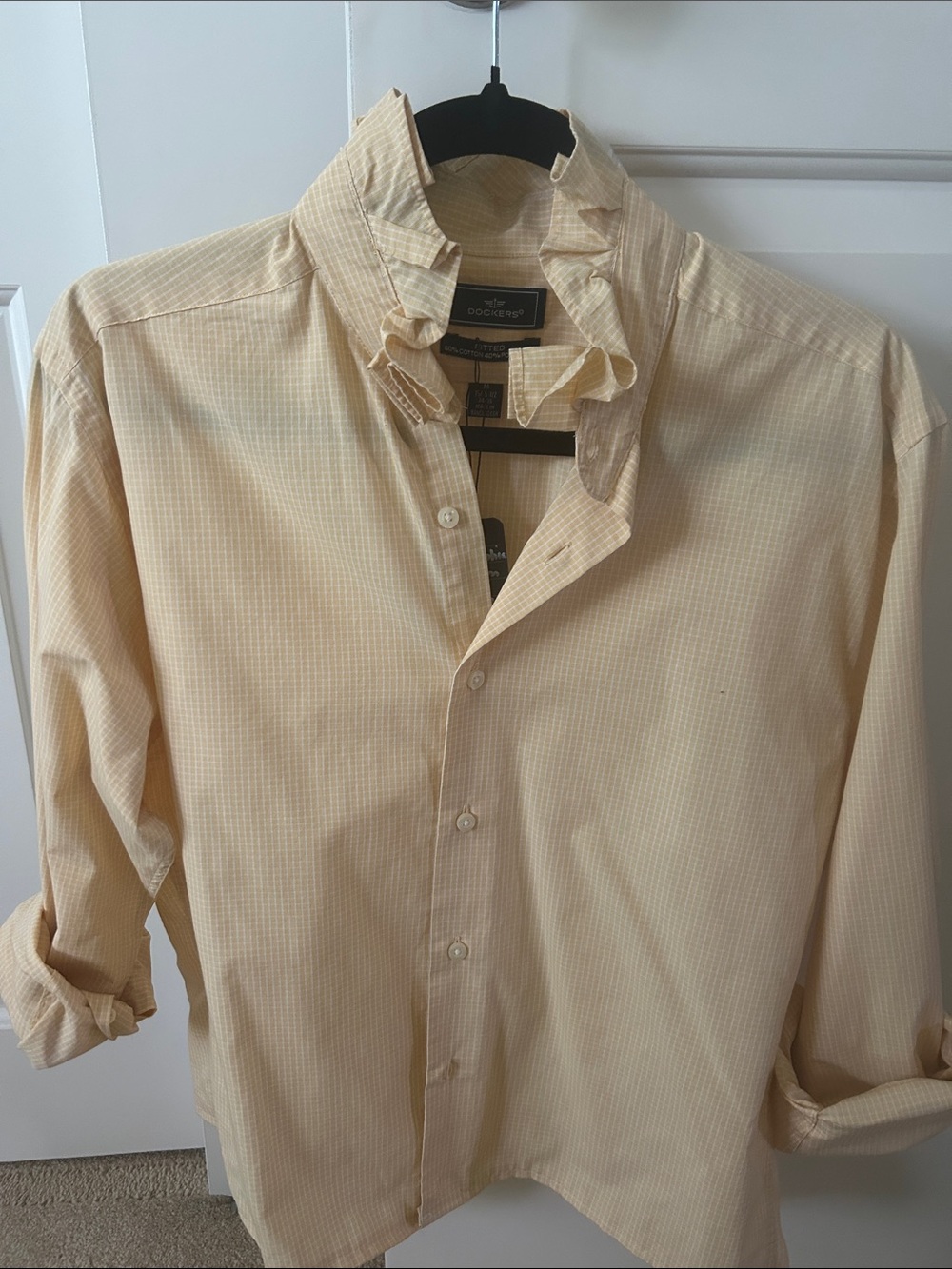 Light Yellow Check Button-Up Shirt recreated for a woman with ruffled collar